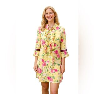 Flavio Castellani Silk Dress sz 8 Yellow Floral Ruffle Long Sleeve party garden